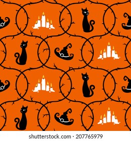 Thorns, witch hat, cat and candles. Halloween vector seamless pattern.