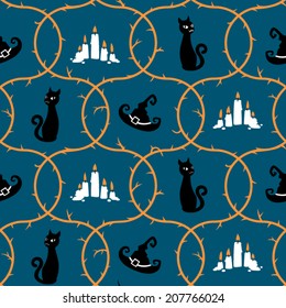 Thorns, witch hat, cat and candles. Halloween vector seamless pattern.