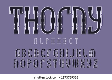 Thorny alphabet. Gaming stylized monochrome font. Isolated english alphabet.