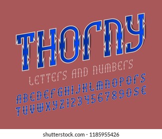 Thorny alphabet with numbers and currency signs. Urban stylized font. Isolated english alphabet.