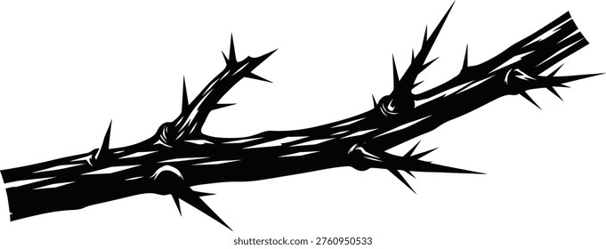 Thorny Branch with Sharp Spikes Crown of Thorns Illustration on White Background