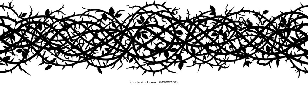 Thorny branches seamless border pattern vector silhouette tangled briar hedge black rose thorn frame