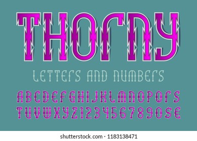 Thorny letters and numbers with currency signs. Urban vibrant font. Isolated english alphabet.