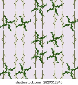 Thorny vine pattern, forest green on lavender white, a professional seamless vector background for textile, wallpaper and packaging design.