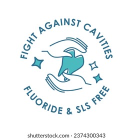 Thorough care and prevention of cavities with fluoride free toothpaste. Natural components for strengthening enamel. Logotype or emblem, isolated logo or label for package. Vector in flat style