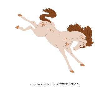 Thoroughbred racing horse or wild mustang jumping, flat vector illustration isolated on white background. Race or cowboy horse beautiful animal in motion.