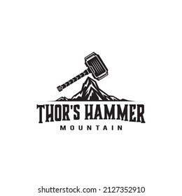 Thor's hammer illustration design logo on top of the mountain, thunder god template, symbol svg