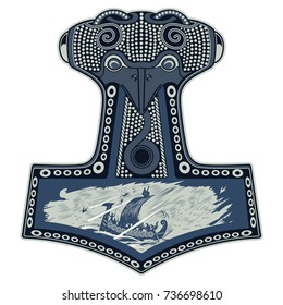 Thor's hammer - Mjollnir and the Scandinavian ornament, isolated on white, vector illustration