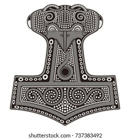 Thor's hammer - Mjollnir and the Scandinavian ornament, isolated on white, vector illustration