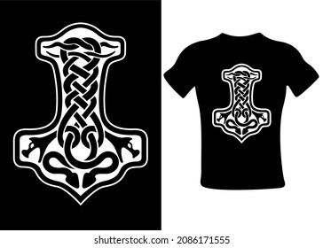 Thor,s hammer Mjolnir Celtic knot, Scandinavian Viking style ornament. Isolated vector illustration. T-shirt design hand drawing.