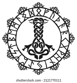 Thors hammer Mjolnir, drawing in celtic knot design. Norse runes circle, isolated on white, vector illustration. Viking style, design template.
