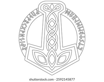 Thor's hammer, Mjolnir and elder futhark runes - vector linear image.Outline. Hammer of the god Thor and Scandinavian runes