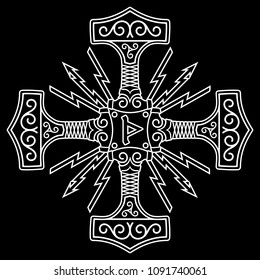Thors hammer - Mjolnir and Norse runes, isolated on black, vector illustration