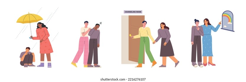 Those in sorrow and depression need a helping hand. People of achromatic colors are being helped by people in bright clothes in many ways. flat vector illustration.