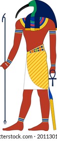 Thot antient egyptian diety, God of wisdom, magic, art, science . Man with the head of ibis holding Ankh symbol of life.