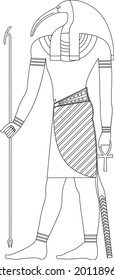 Thot antient egyptian diety, God of wisdom, magic, art, science . Man with the head of ibis holding Ankh symbol of life for coloring book