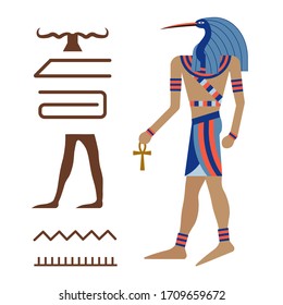 Thoth Ancient Egyptian God Of Knowledge, Magic, Medicine And Moon. Divinity Depicted In Human Body With Head Of Ibis Sacred Bird With Ankh Cross In Hand. Illustration With Djehuti And Hieroglyphs.