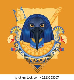 Thoth egyptian god composition with avatar image of ancient god with beak decorated with flowers ornaments vector illustration