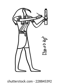 Thoth Egyptian God illustration isolated black line on white. A man with the head of an ibis or a baboon. Vector.