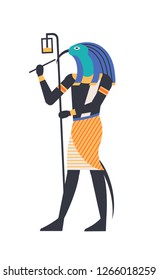 Thoth - god of moon, wisdom and magic, deity or mythological creature with bird or ibis head holding ankh symbol. Mythical or legendary character from ancient Egypt. Vector illustration in flat style.