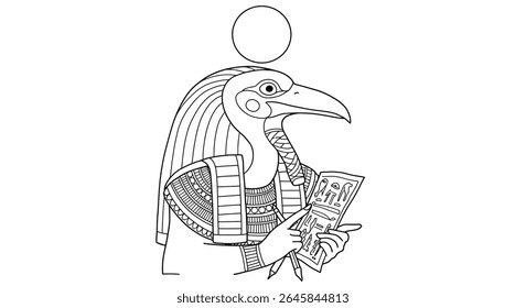 Thoth God of Wisdom Coloring Page Divindade Egípcia Ibis Head Writing Knowledge Moon Mythology Line Art Design
