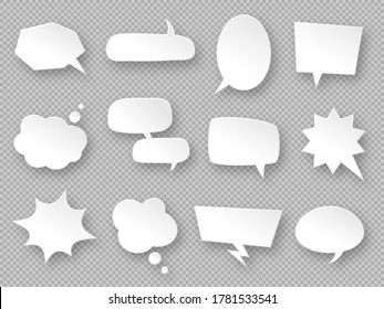 Thought balloons. Paper speech bubbles, white communication messages clouds, dream tag, discussion labels, blank dialog chats vector set in different shapes oval, rectangular, cloud