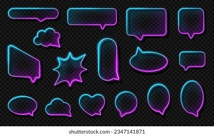 Thought bubble or chat box container with neon effect, realistic illustration collection. Isolated fluorescent sparkling and glowing chat banners and shapes, comments and message balloon