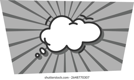 Uma bolha de pensamento em um estilo cômico com linhas radiais no fundo. A forma da nuvem é contornada com traçados em negrito e cercada por círculos menores. Ilustração de vetor de desenhos animados.