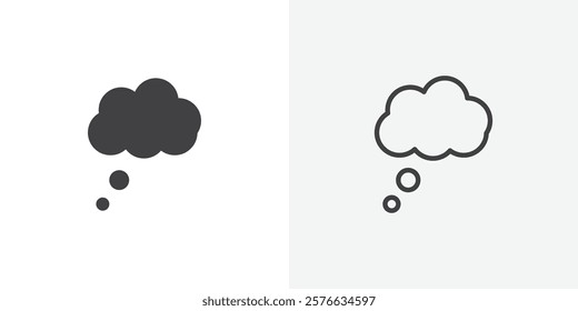 Thought bubble icon set in black flat solid and outlined style.