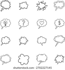 Colección de arte de la línea de la burbuja. Incluye símbolos de línea de arte, idea, amor, dinero, pregunta, pensar y más. Garabatos aislados. Conjunto de doodle de explosión. 
