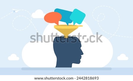 Thought bubbles enter the head through the crow. The influence of others on a person's thinking. Belief. Brain, funnel, human head silhouette. Thinking, faith. Vector illustration