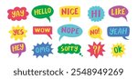 Thought bubbles handwritten words expressions, comic chat stickers collection. Speech clouds set. Funky typography design element, retro style messages. Like, yes, No, Wow and Ok. Vector illustration