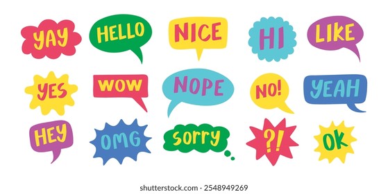 Thought bubbles handwritten words expressions, comic chat stickers collection. Speech clouds set. Funky typography design element, retro style messages. Like, yes, No, Wow and Ok. Vector illustration