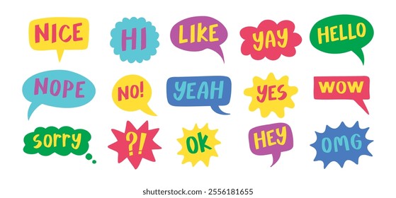 Thought bubbles handwritten words expressions, comic chat stickers collection. Speech clouds set. Funky typography design element, retro style messages. Like, yes, No, Wow and Ok. Vector illustration