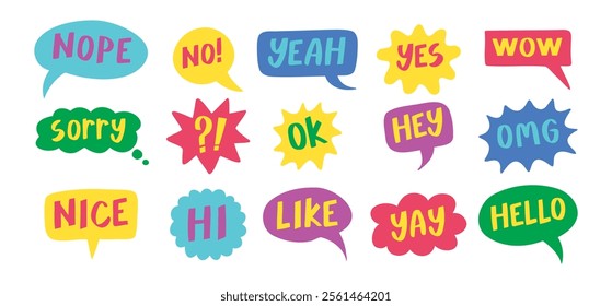 Thought bubbles handwritten words expressions, comic chat stickers collection. Speech clouds set. Funky typography design element, retro style messages. Like, yes, No, Wow and Ok. Vector illustration