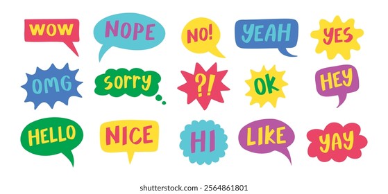 Thought bubbles handwritten words expressions, comic chat stickers collection. Speech clouds set. Funky typography design element, retro style messages. Like, yes, No, Wow and Ok. Vector illustration