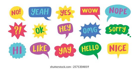 Thought bubbles handwritten words expressions, comic chat stickers collection. Speech clouds set. Funky typography design element, retro style messages. Like, yes, No, Wow and Ok. Vector illustration