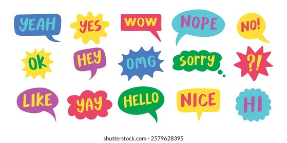 Thought bubbles handwritten words expressions, comic chat stickers collection. Speech clouds set. Funky typography design element, retro style messages. Like, yes, No, Wow and Ok. Vector illustration