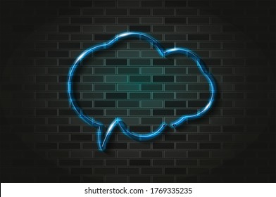 Thought cloud box glowing neon sign or glass tube. Realistic vector illustration. Black brick wall, soft shadow.
