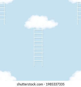 Thought cloud and Stair ladder Seamless on blue sky background, Isolated pattern Think bubble, Endless White Blank Speech, Vector illustration 3D fluffy cloud elements for kids 