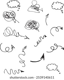 Nuvem de pensamento simbolizando um símbolo de má ideia de um humor negativo sombrio emaranhado nuvem minimalista design doodle estilo cômico tinta desenhada à mão gráfico ponto de exclamação ícone definir coleção de tinta
