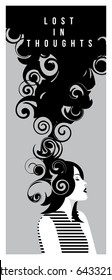 Thought comes from girl's head. Brainstorming vector illustration. Creative thinking and thought of woman.