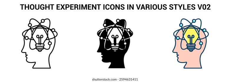 Thought Experiment icon represented by atom, bulb Line, Filled, Color style.