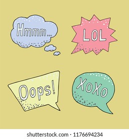 Marco de reflexión. Burbuja del discurso. Nube de sueños. Habla globo. Casilla.  Conjunto de iconos de ilustración vectorial con frases lol, oops, xoxo, hmmm. 