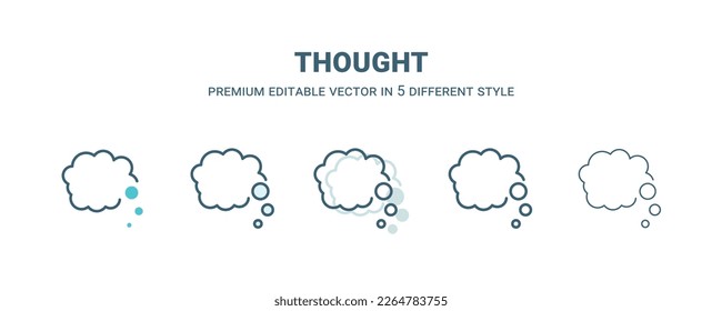 icono de pensamiento de 5 estilos diferentes. Esquema, relleno, dos colores, un icono de pensamiento delgado aislado en fondo blanco. El vector modificable se puede usar web y móvil
