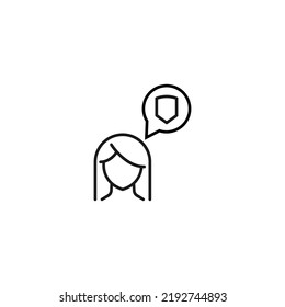 Thought and ideas of woman. Vector sign drawn with black thin line. Editable stroke. Suitable for sites, stores, books. Line icon of shield inside of speech bubble by woman