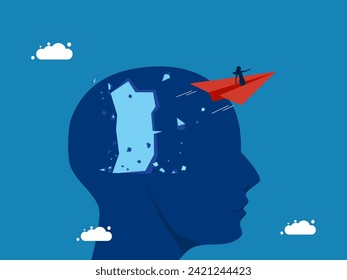 Thought leader. Businesswoman flying in paper airplane out of big head 