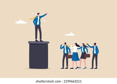 Thought leadership, CEO or executive position who guide company direction, leading business forward or guiding direction concept, confident businessman leader pointing finger for colleagues to follow.