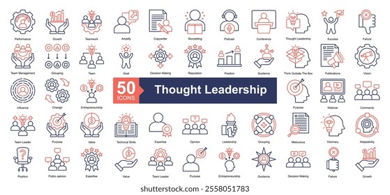 Thought Leadership Outline Gradient Icon Collection Set.Containing performance, growth, teamwork, amplify, copywriter, storytelling icon. Simple dual tone style Vector Illustration.