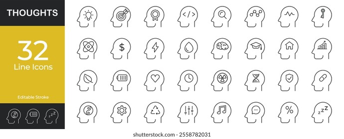 Thought process icons set, 32 editable stroke head silhouette line icons, ideas, creativity, innovation concepts, human mind